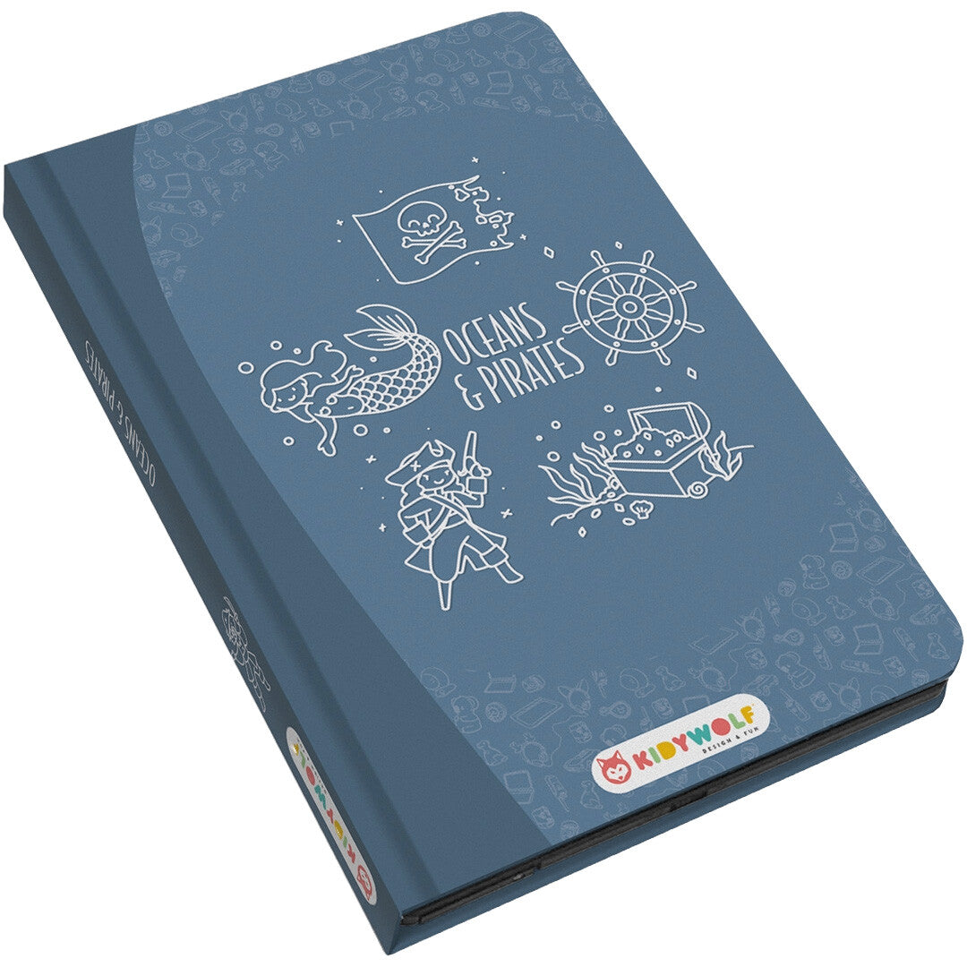 Gesloten verpakking van het Kidywolf KidyDraw Mini tekenbord met piratenillustraties.