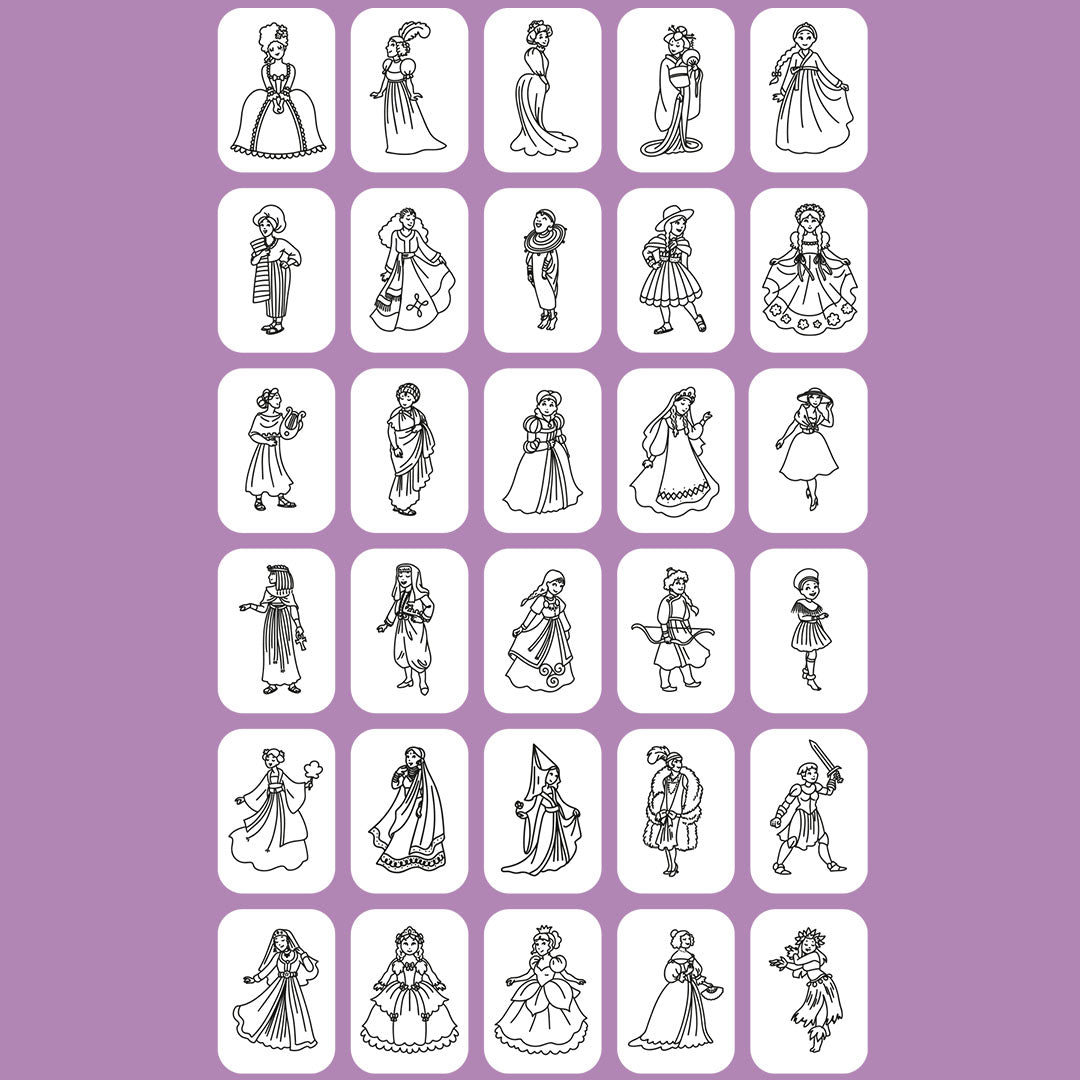 Detail van 30 verschillende zwart-wit lijntekeningen van prinsessen en figuren op een paarse achtergrond.