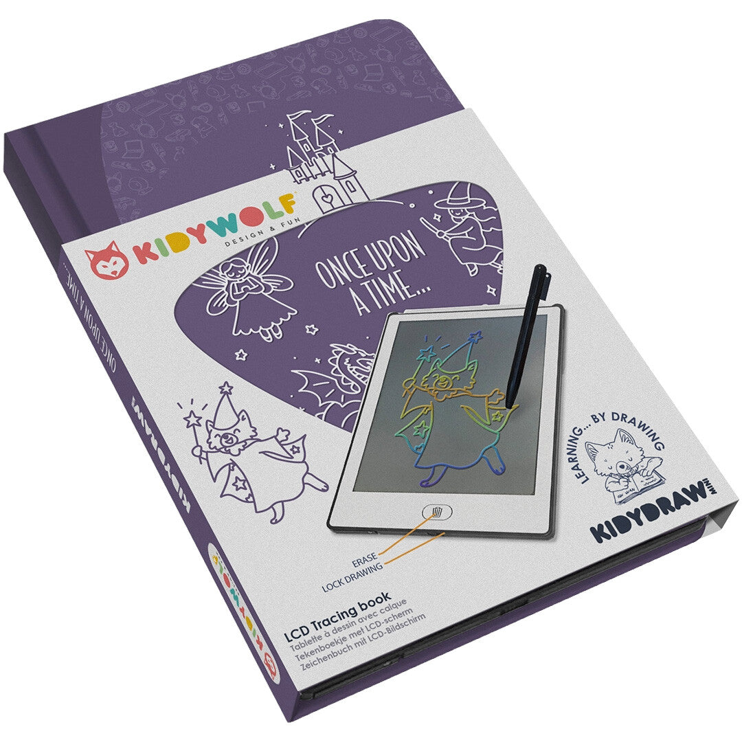 Kidywolf KidyDraw Mini tekenbord sprookjes verpakking met een afbeelding van het tablet en een fee.