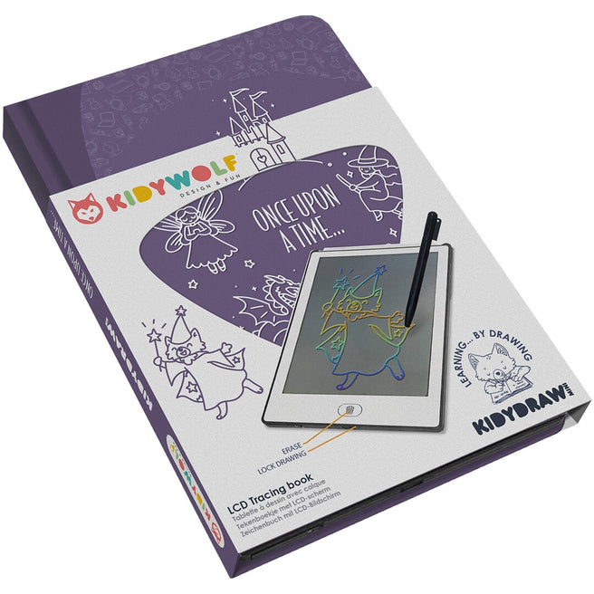 Kidywolf KidyDraw Mini tekenbord sprookjes verpakking met een afbeelding van het tablet en een fee.