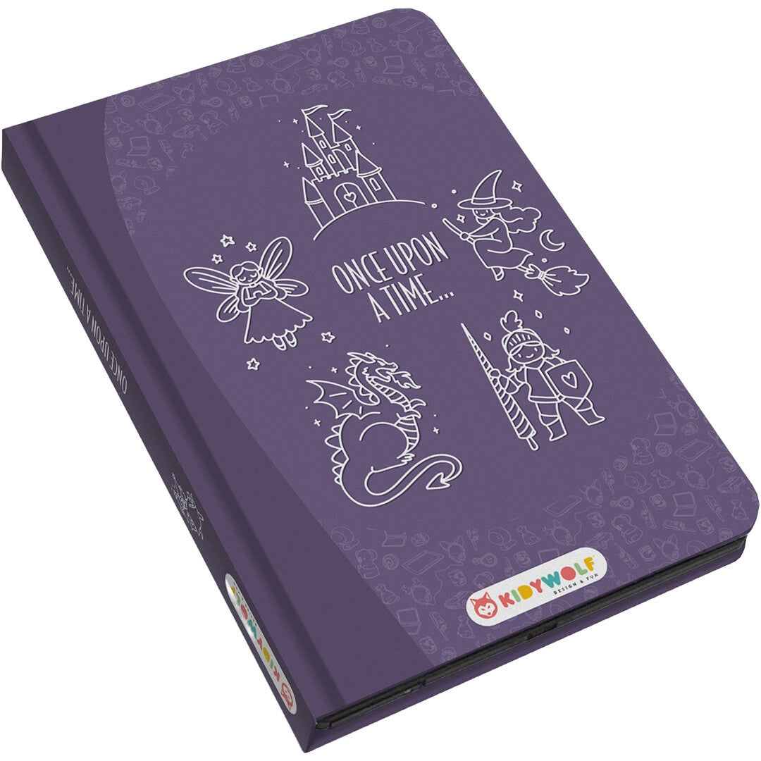 Kidywolf KidyDraw Mini tekenbord sprookjes thema, gesloten, met illustraties van een kasteel, fee, heks, draak en ridder.