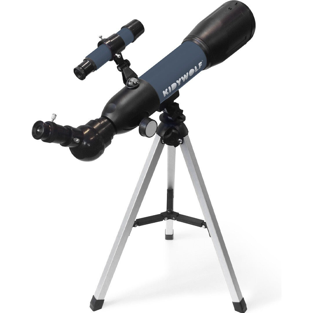 Kidywolf telescoop in marineblauw en zwart op een statief.