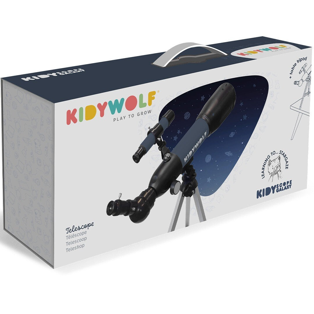 De verpakking van de Kidywolf telescoop met een afbeelding van het product.