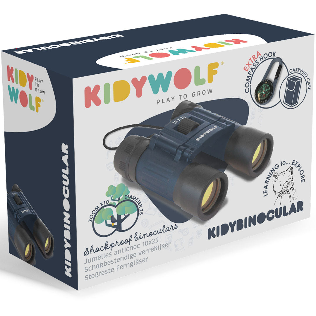 De verpakking van de blauwe Kidywolf verrekijker met productafbeelding en kenmerken.