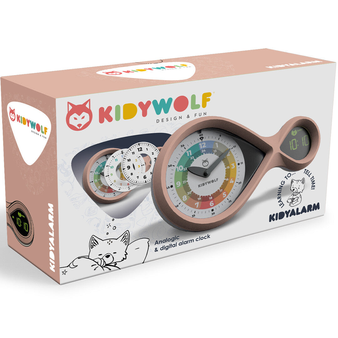 De verpakking van de Kidywolf Kidyalarm educatieve wekker in brons.