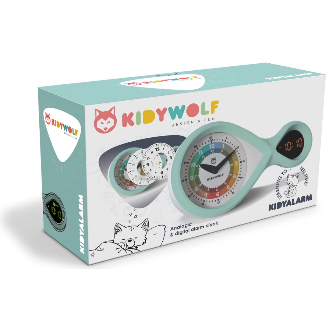 De verpakking van de Kidywolf Kidyalarm educatieve wekker met productafbeelding en merklogo.