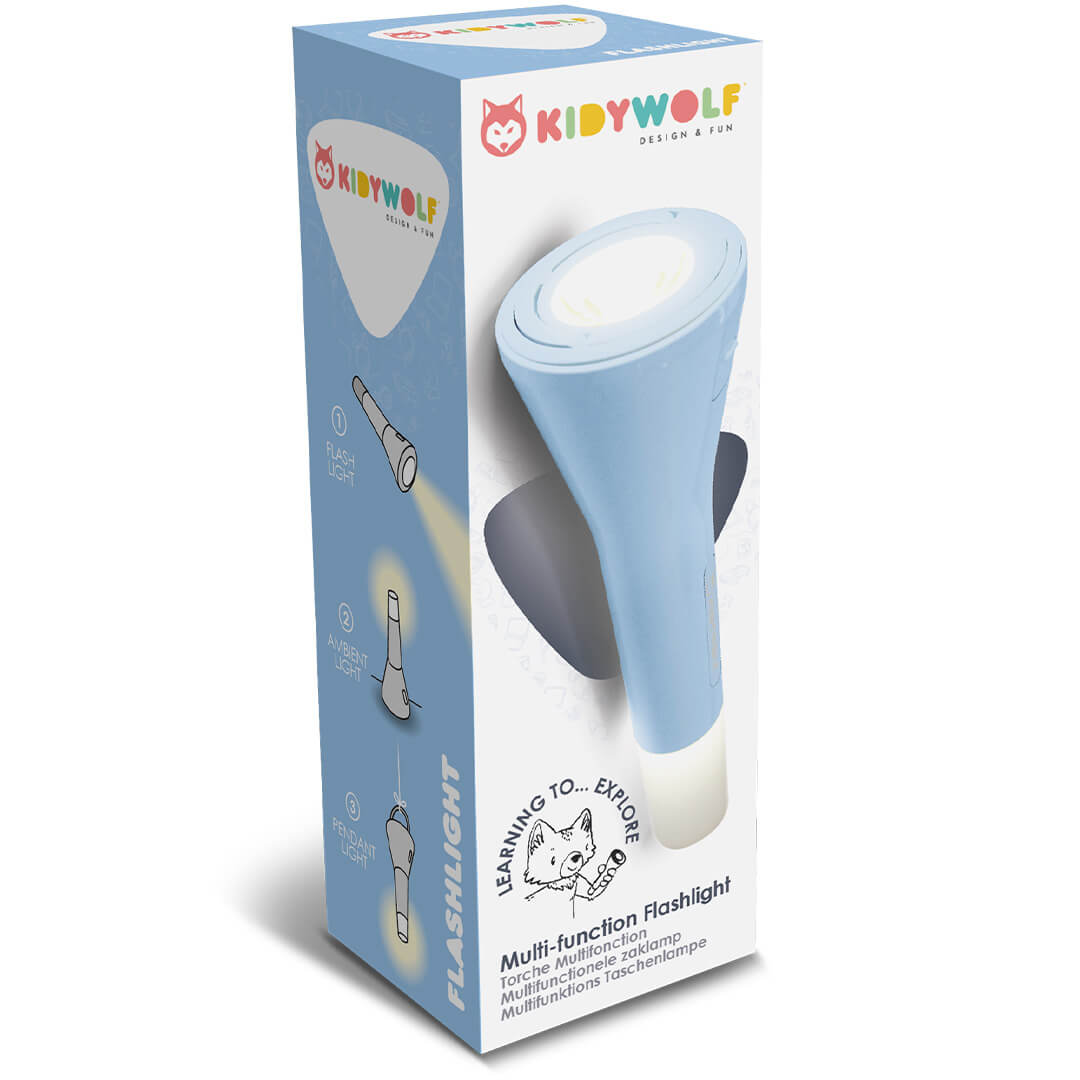 De verpakking van de Kidywolf blauwe multifunctionele zaklamp.