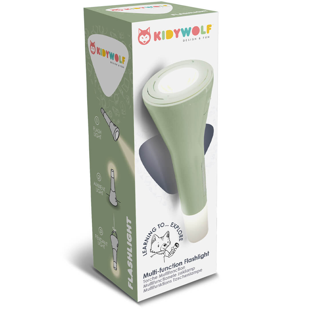 De verpakking van de Kidywolf multifunctionele groene zaklamp met illustraties van de functies.