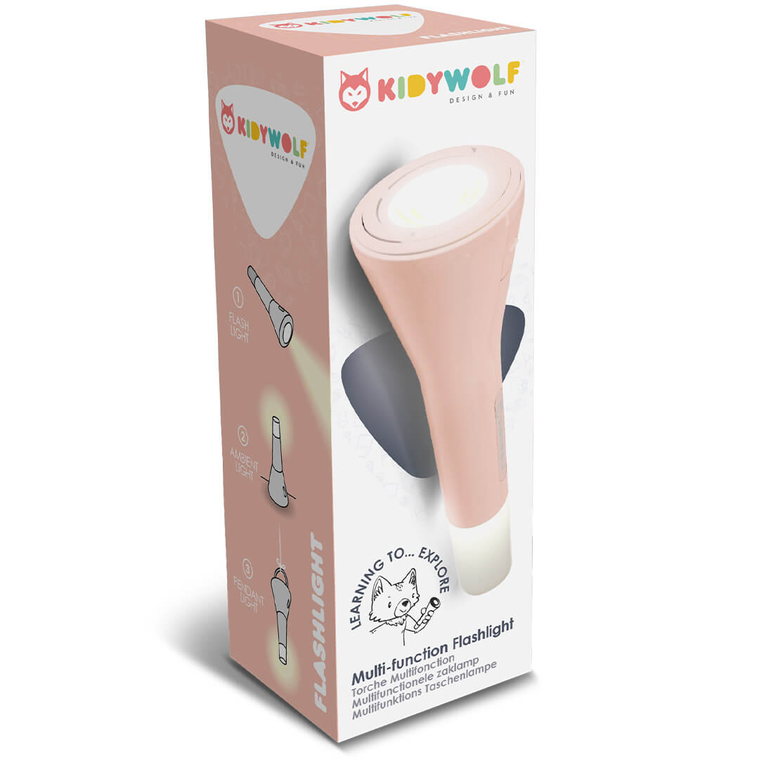 De verpakking van de Kidywolf roze multifunctionele zaklamp.
