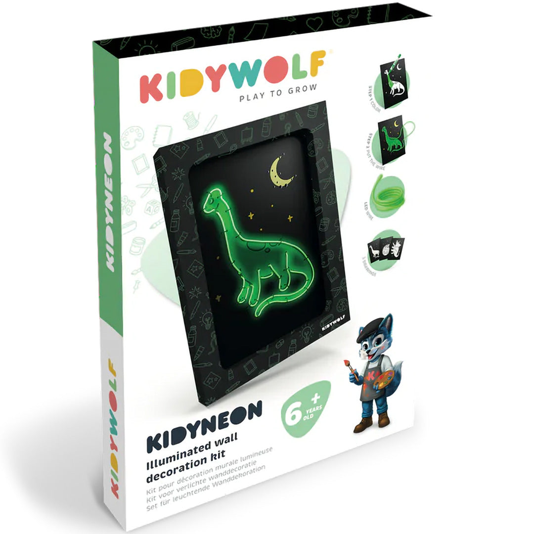 Kidywolf Kidyneon knutselpakket wanddecoratie voor 6 jaar of ouder, met een afbeelding van een gloeiende groene dinosaurus op de verpakking.
