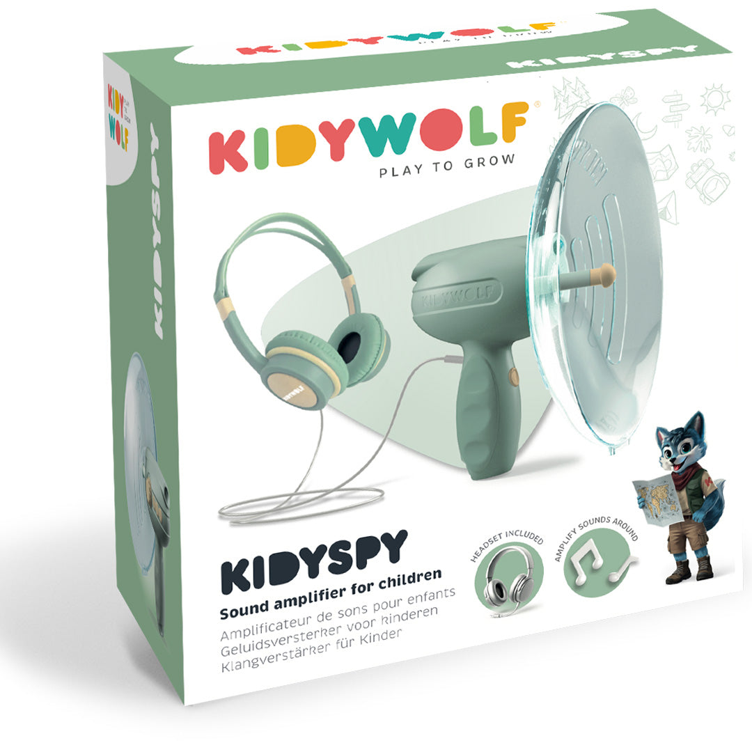 Verpakking van de Kidywolf Kidyspy geluidsversterker met koptelefoon.