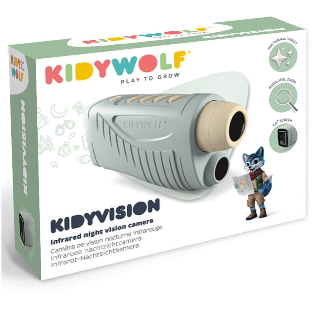 De verpakking van de Kidywolf Kidyvision nachtzichtcamera met afbeeldingen van de camera en een vos.