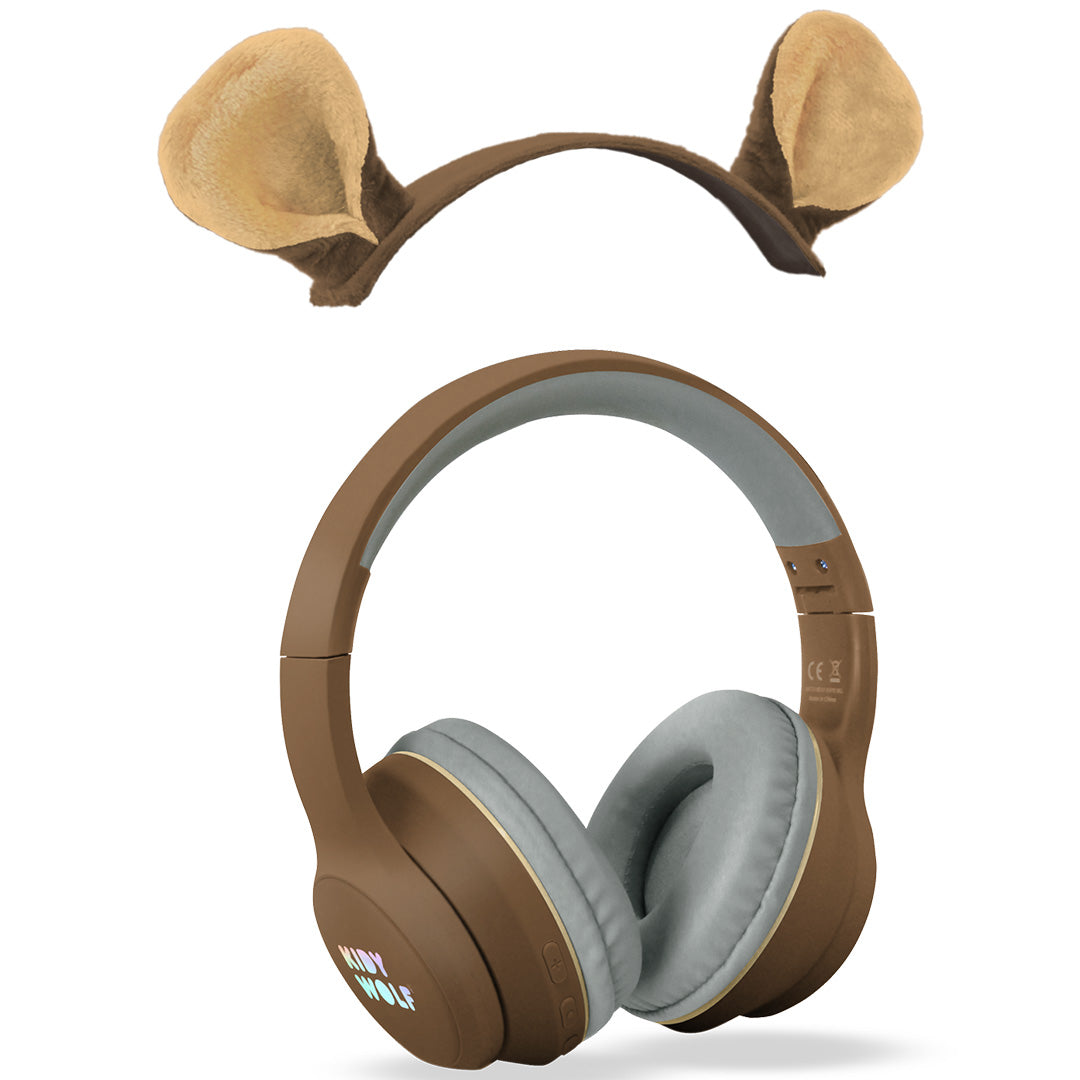 Kidywolf kinderkoptelefoon met losse pluche berenoren hoofdband.