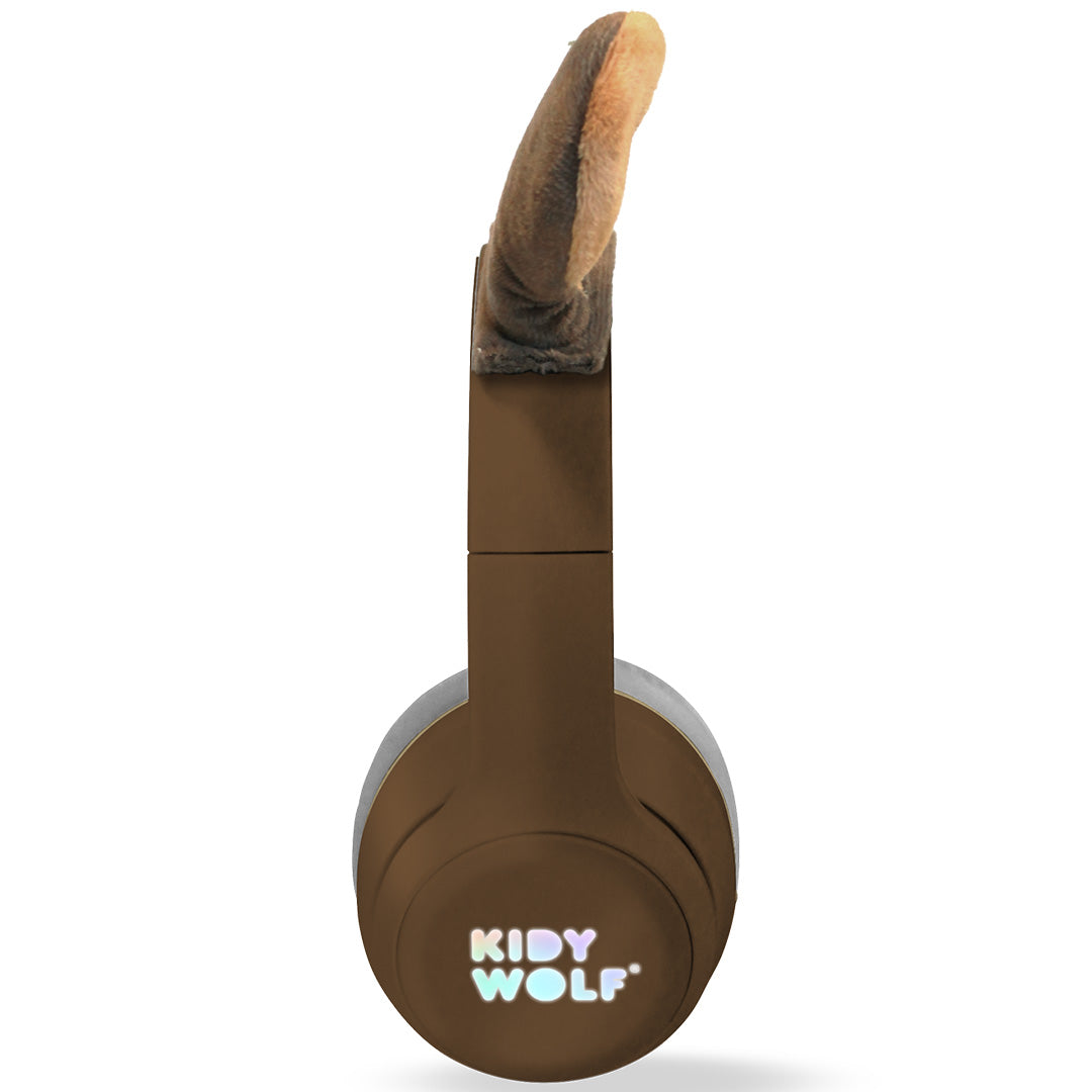 Zijaanzicht van de Kidywolf kinderkoptelefoon met een pluche berenoor.