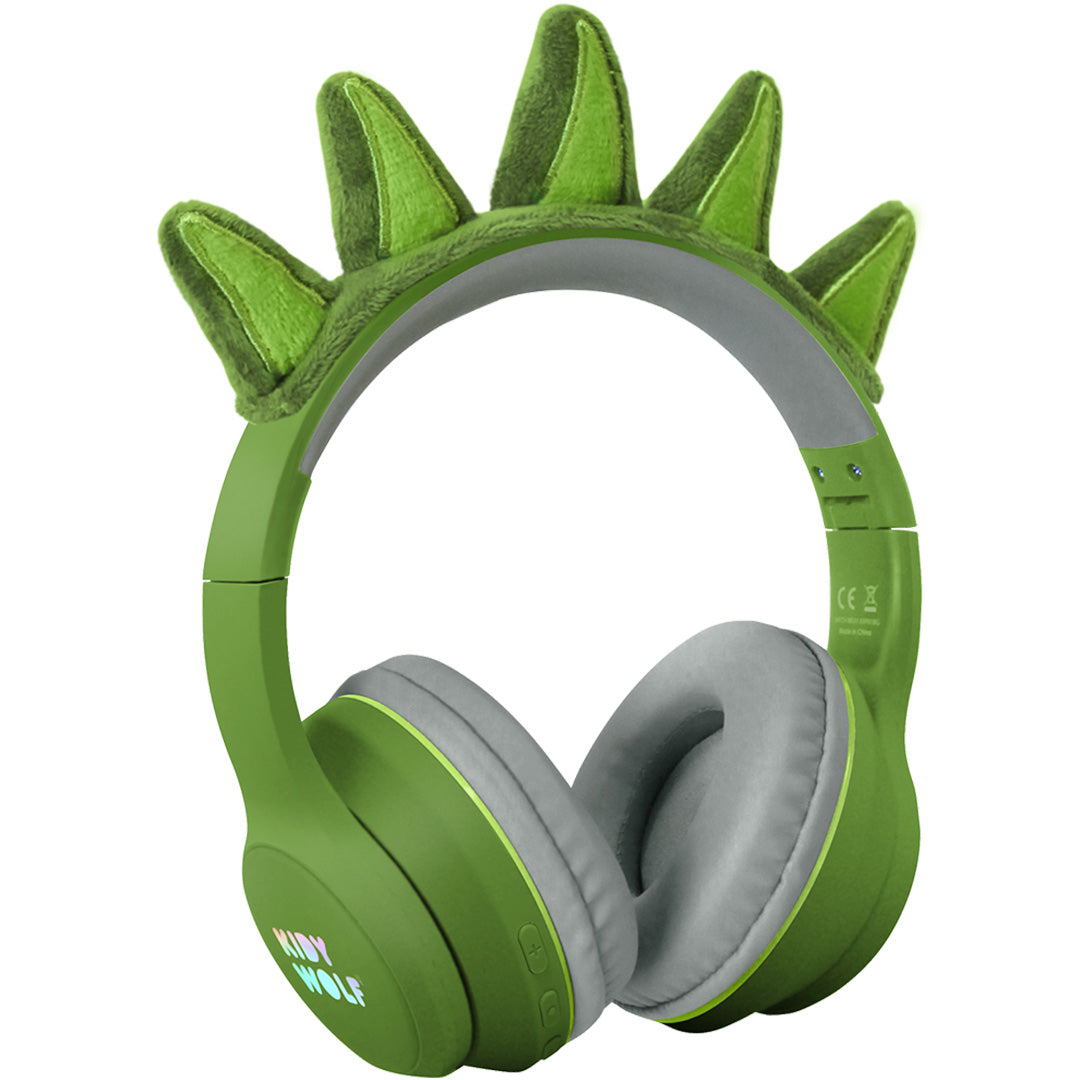 Kidywolf kinderkoptelefoon met groene dinosaurus-spikes op de hoofdband.
