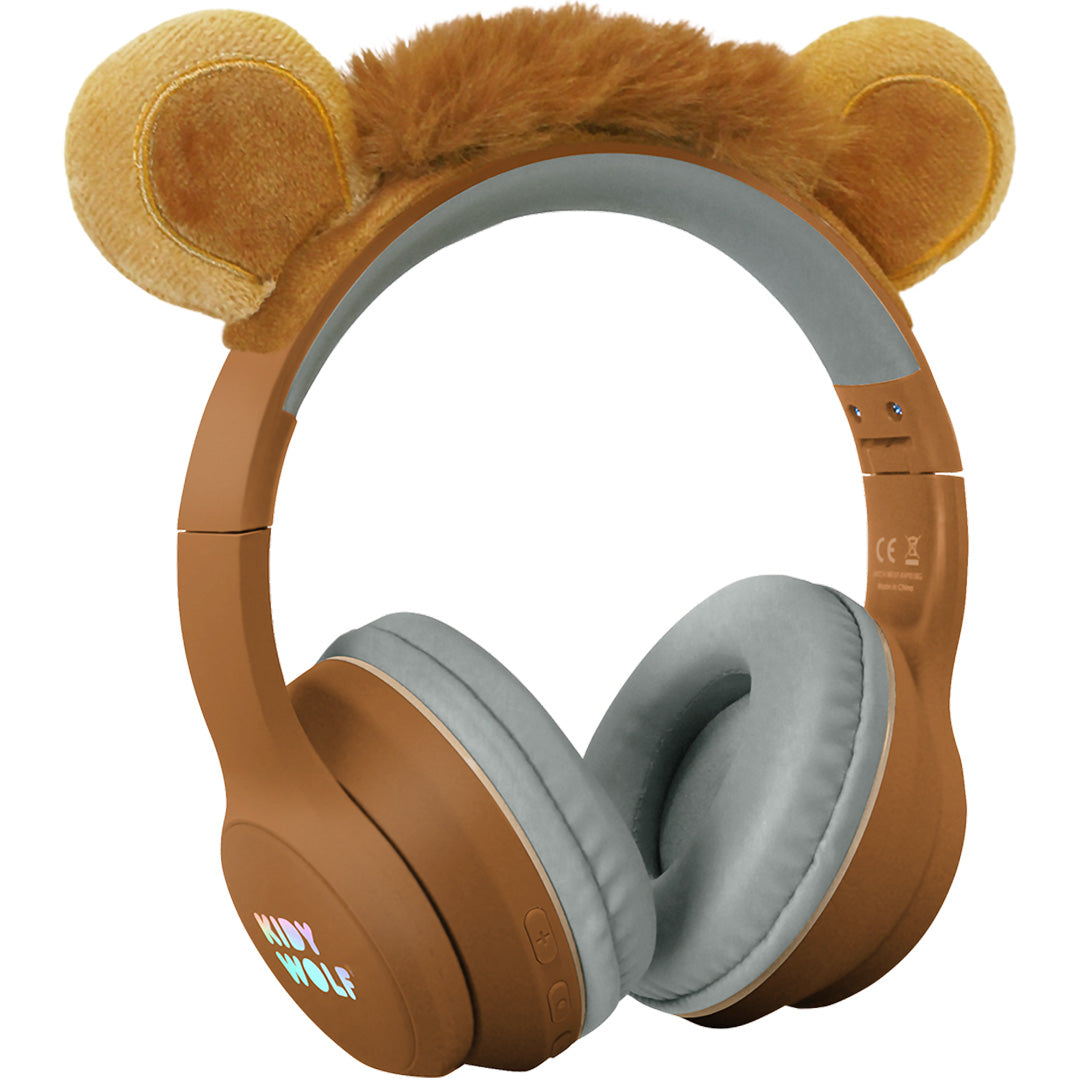 Kidywolf kinderkoptelefoon met bruine leeuwenoren hoofdband op een witte achtergrond.