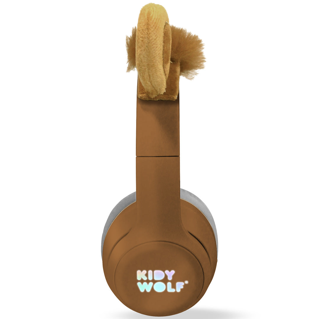 Kidywolf kinderkoptelefoon met leeuwenoren hoofdband, van bovenaf gezien.