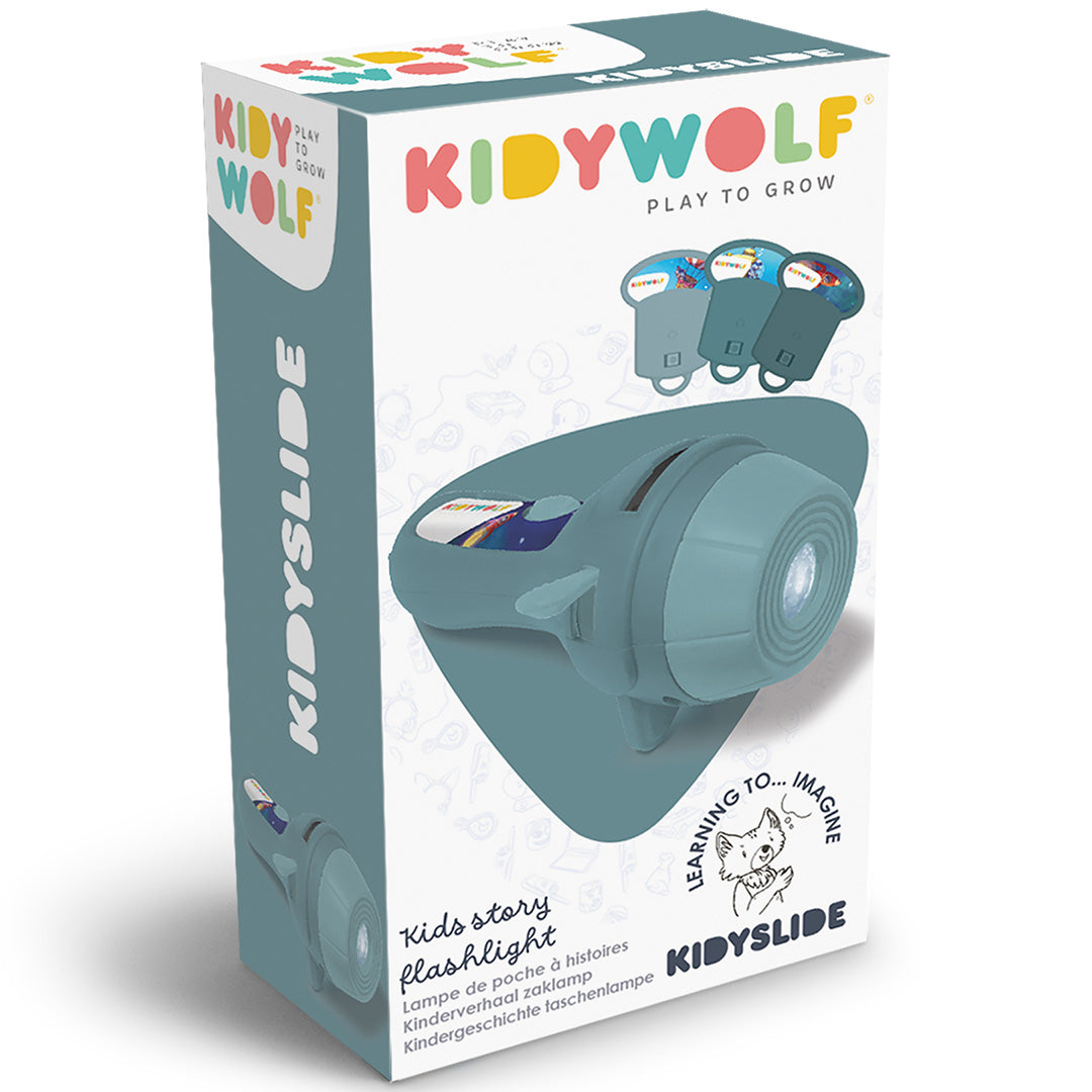De verpakking van de Kidywolf projector zaklamp.