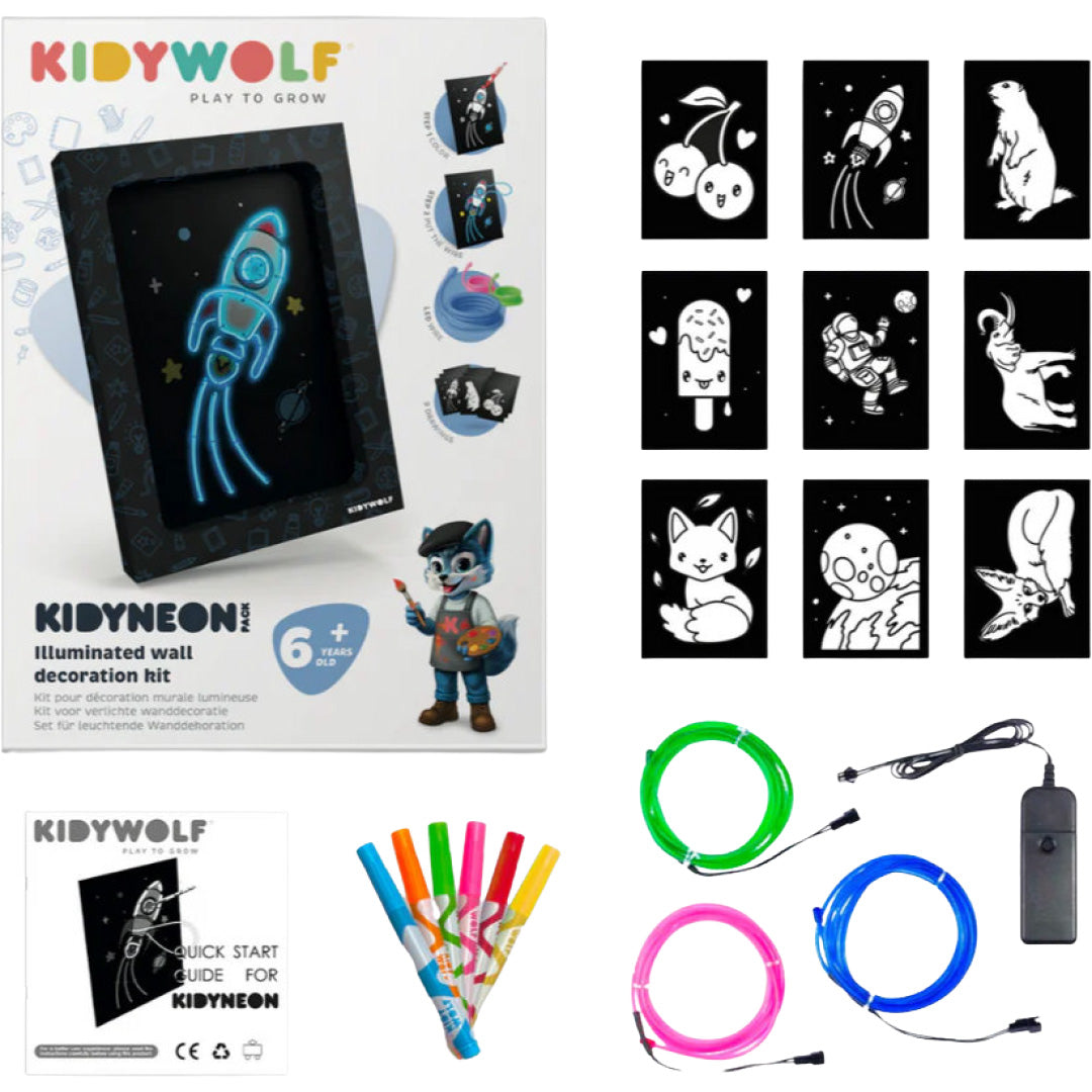 Overzicht van de Kidywolf Kidyneon knutselpakket onderdelen, inclusief de verpakking, diverse sjablonen, stiften en neonlichtstrips.