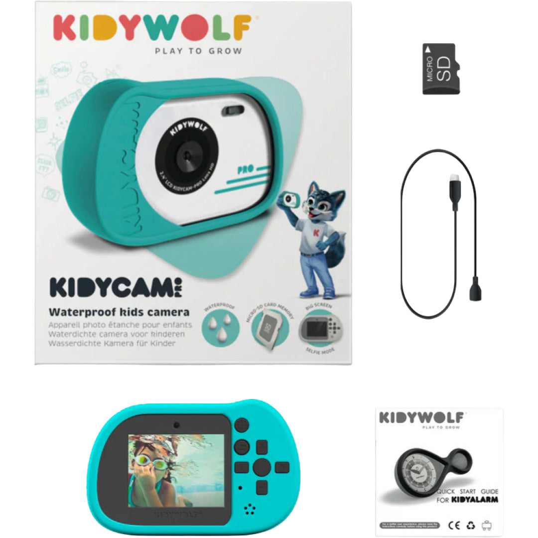 De verpakking van de Kidywolf kindercamera kidycam met accessoires zoals een micro SD-kaart en USB-kabel.