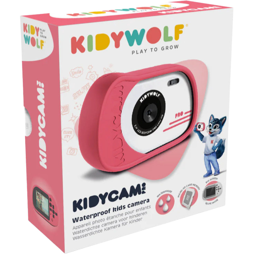 Verpakking van de Kidywolf roze waterdichte kindercamera.