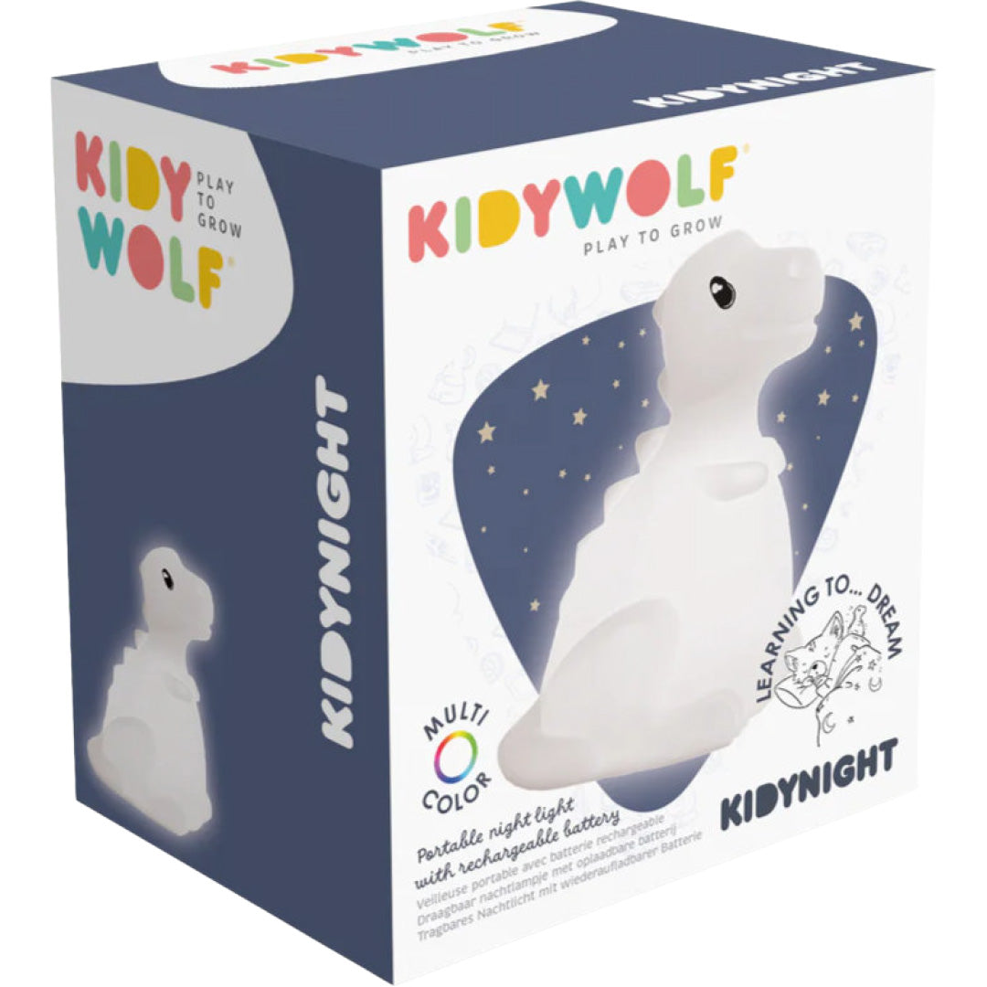 De verpakking van het Kidywolf led nachtlampje in de vorm van een dino.
