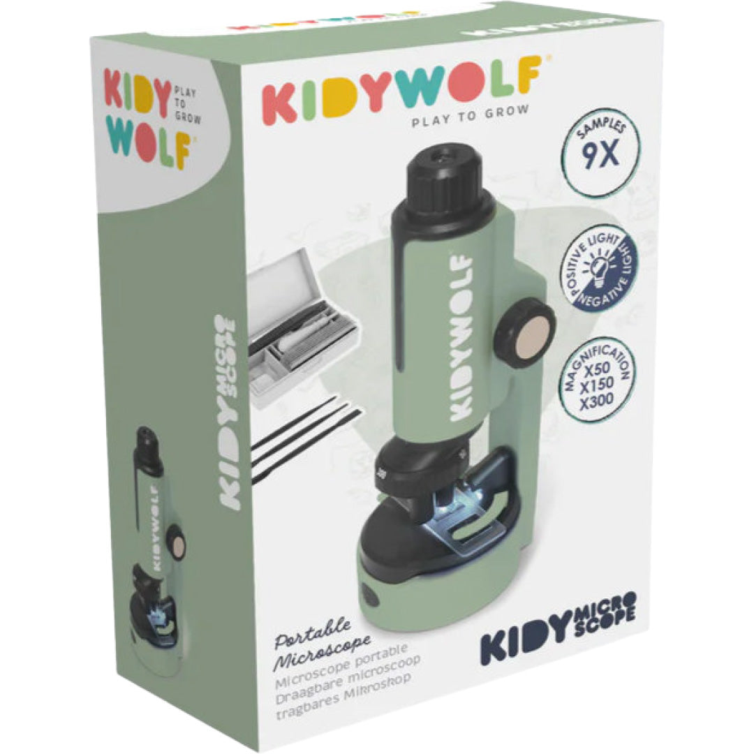 De verpakking van de Kidywolf educatieve microscoop, met afbeeldingen van het product en kenmerken.