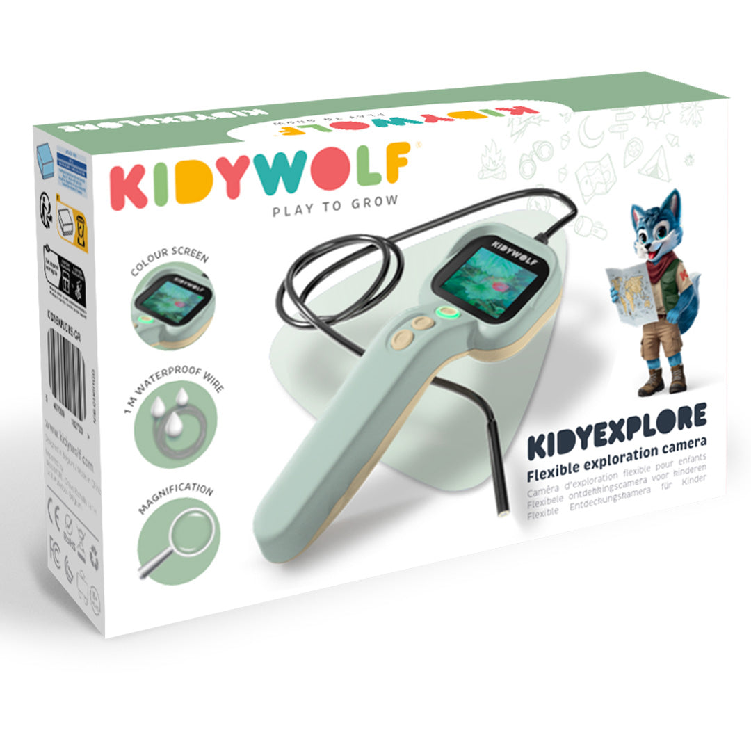 De verpakking van de Kidywolf Kidyexplore natuurcamera met productafbeelding en kenmerken.