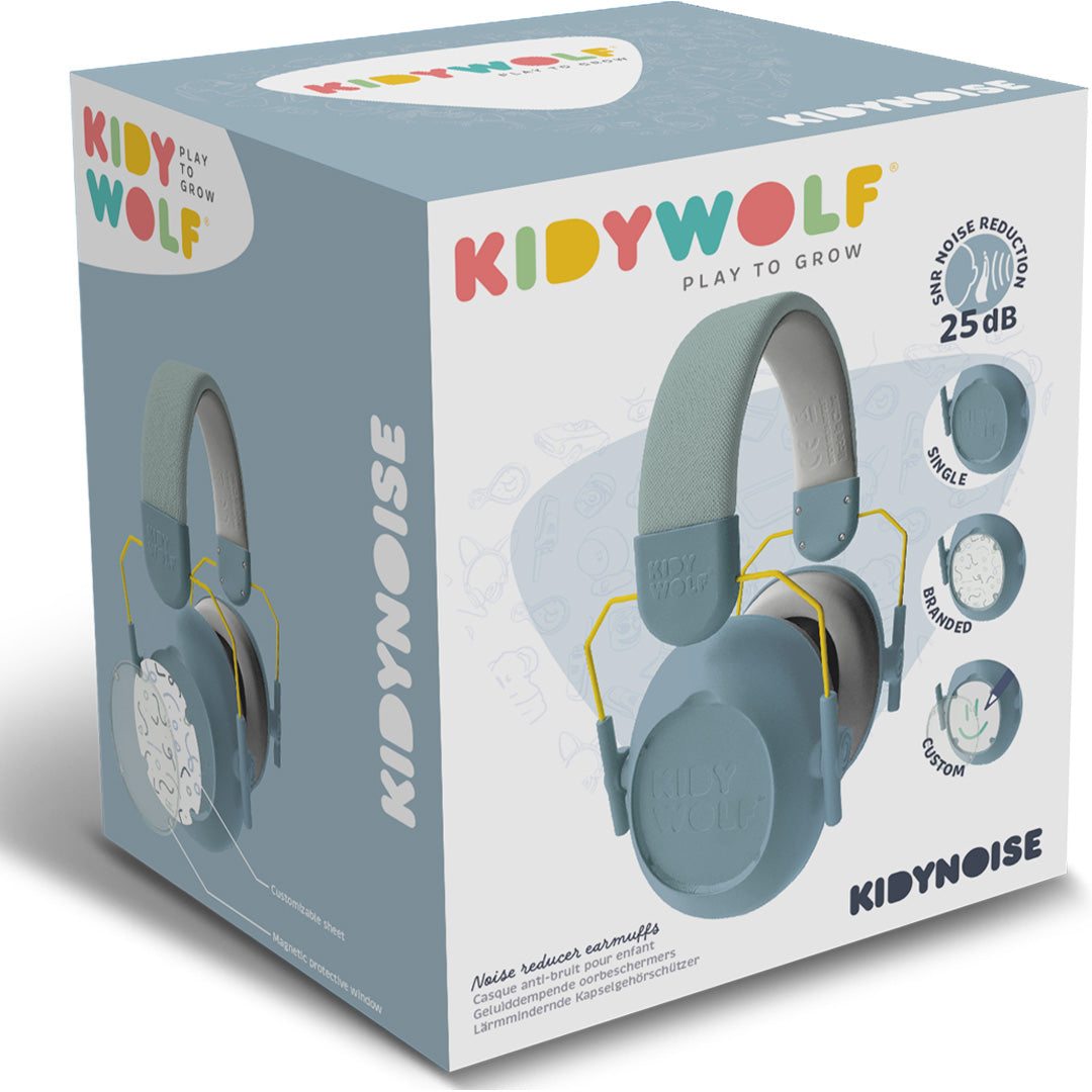 Verpakking van de blauwe Kidywolf noise-cancelling koptelefoon.