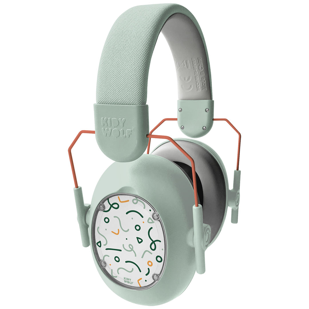 Kidywolf noise-cancelling koptelefoon voor kinderen in lichtgroen met een abstract patroon op de oorschelp.