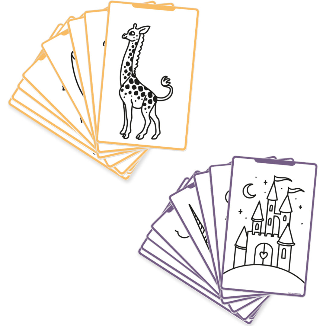 Twee waaiers van tekenkaarten, één met een giraffe en één met een kasteel.