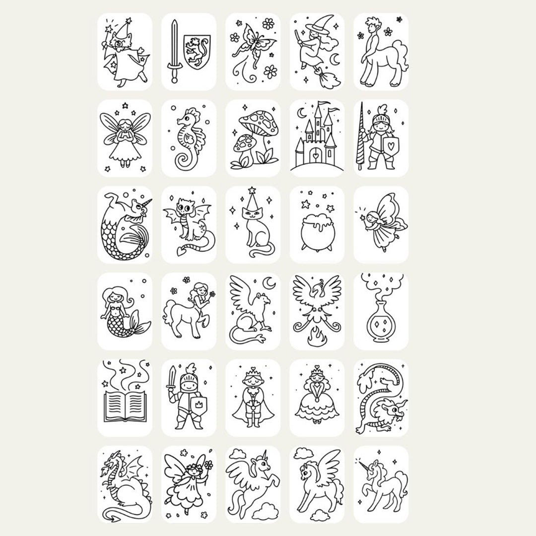 Collectie van 25 tekenkaarten met sprookjesfiguren en objecten.
