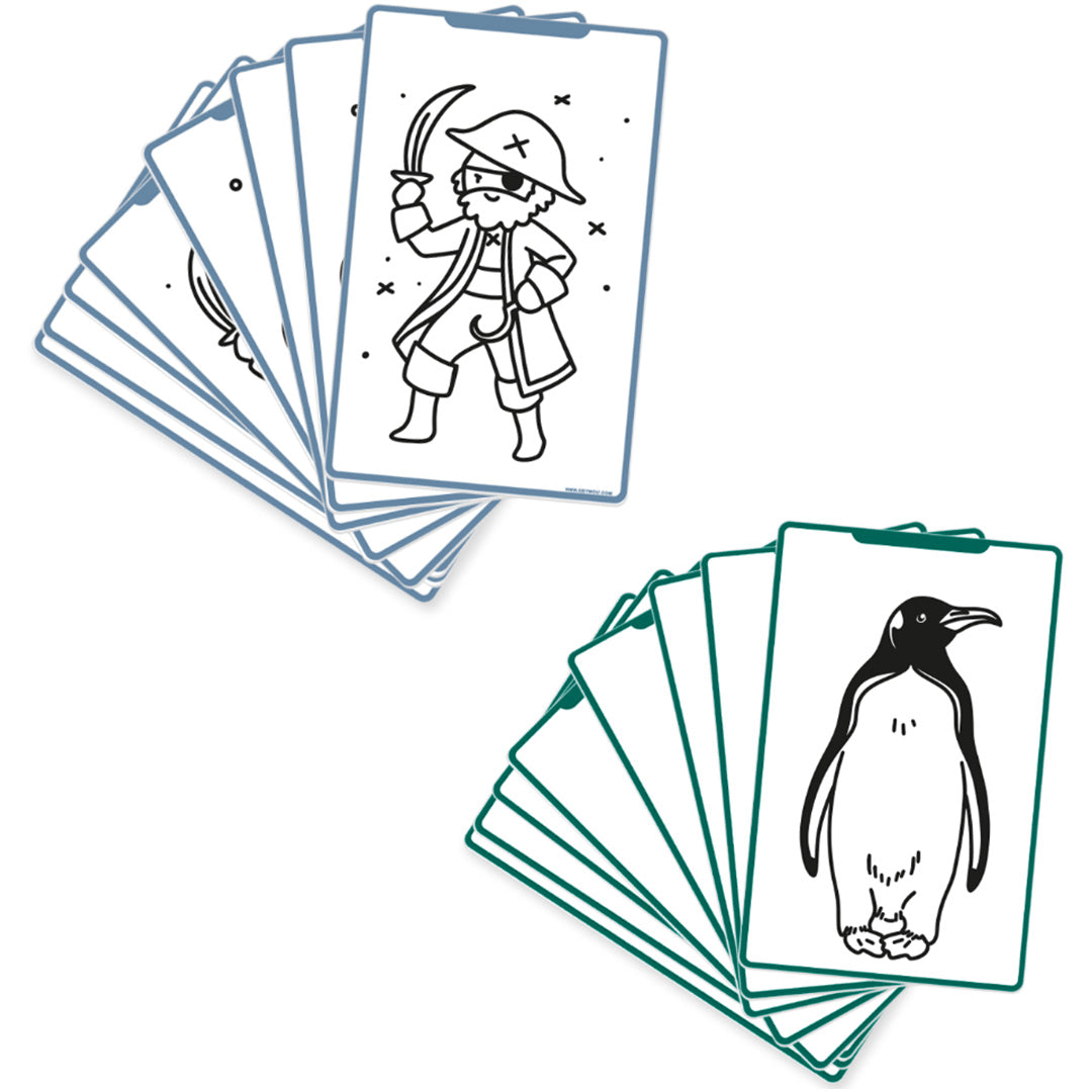 Twee waaiers van Kidywolf tekenkaarten, één met een piraat en één met een pinguïn.