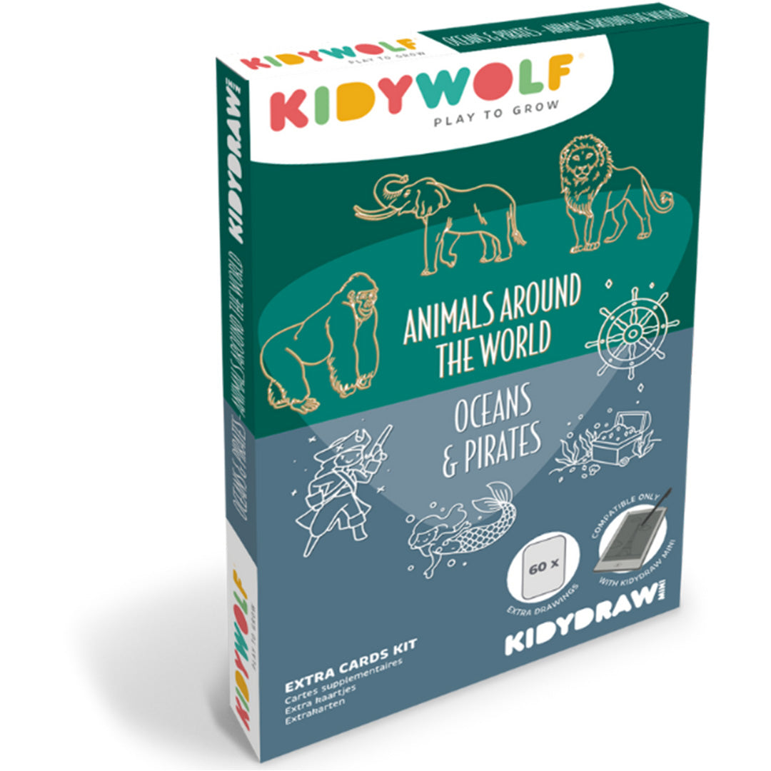 Kidywolf verpakking van extra tekenkaarten met dieren en piraten thema.