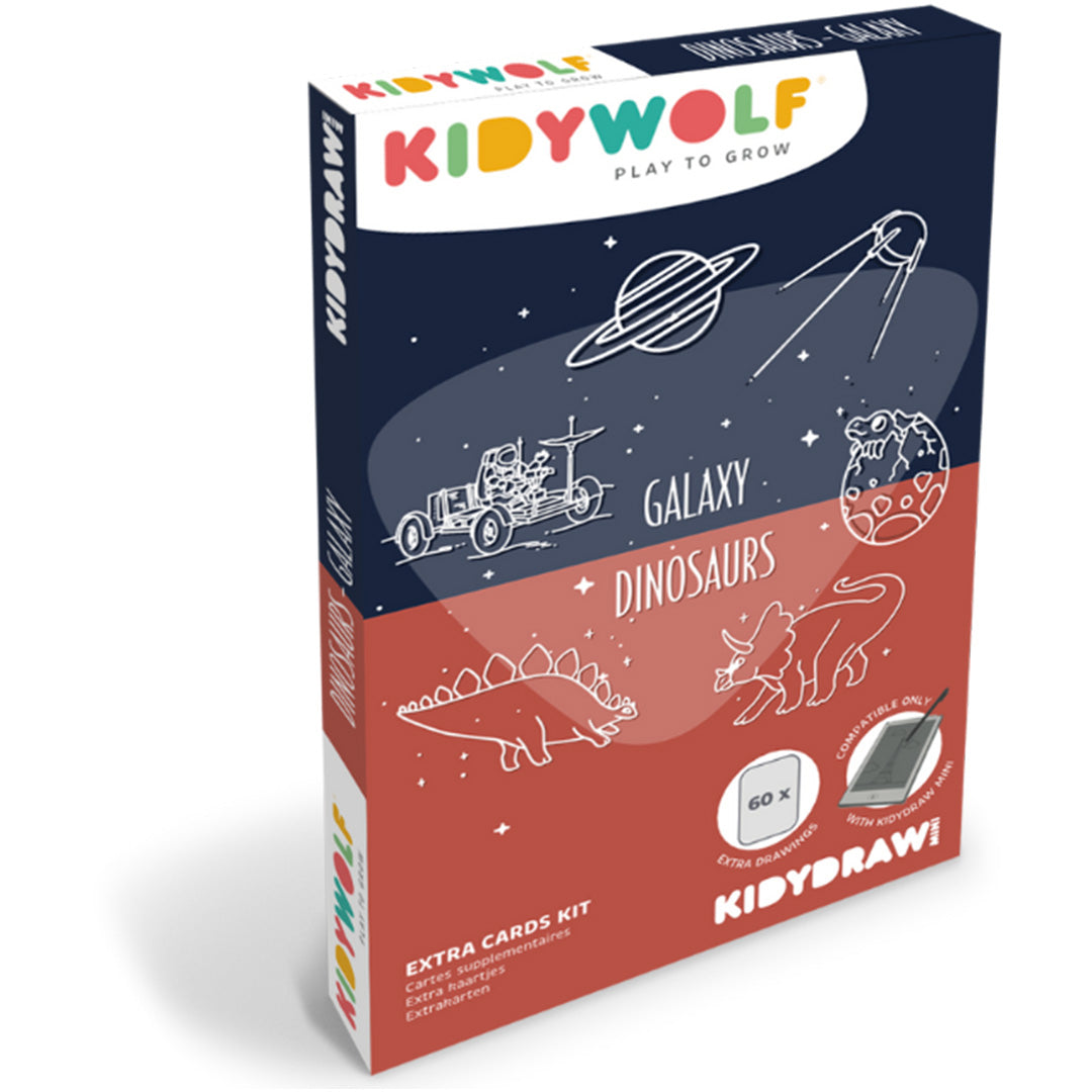 Kidywolf verpakking van de extra tekenkaarten met dinosaurussen en sterrenstelsel thema.