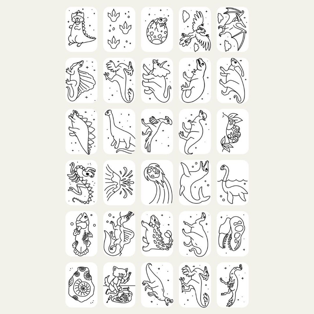 Een overzicht van 25 Kidywolf tekenkaarten met verschillende dinosaurusfiguren.