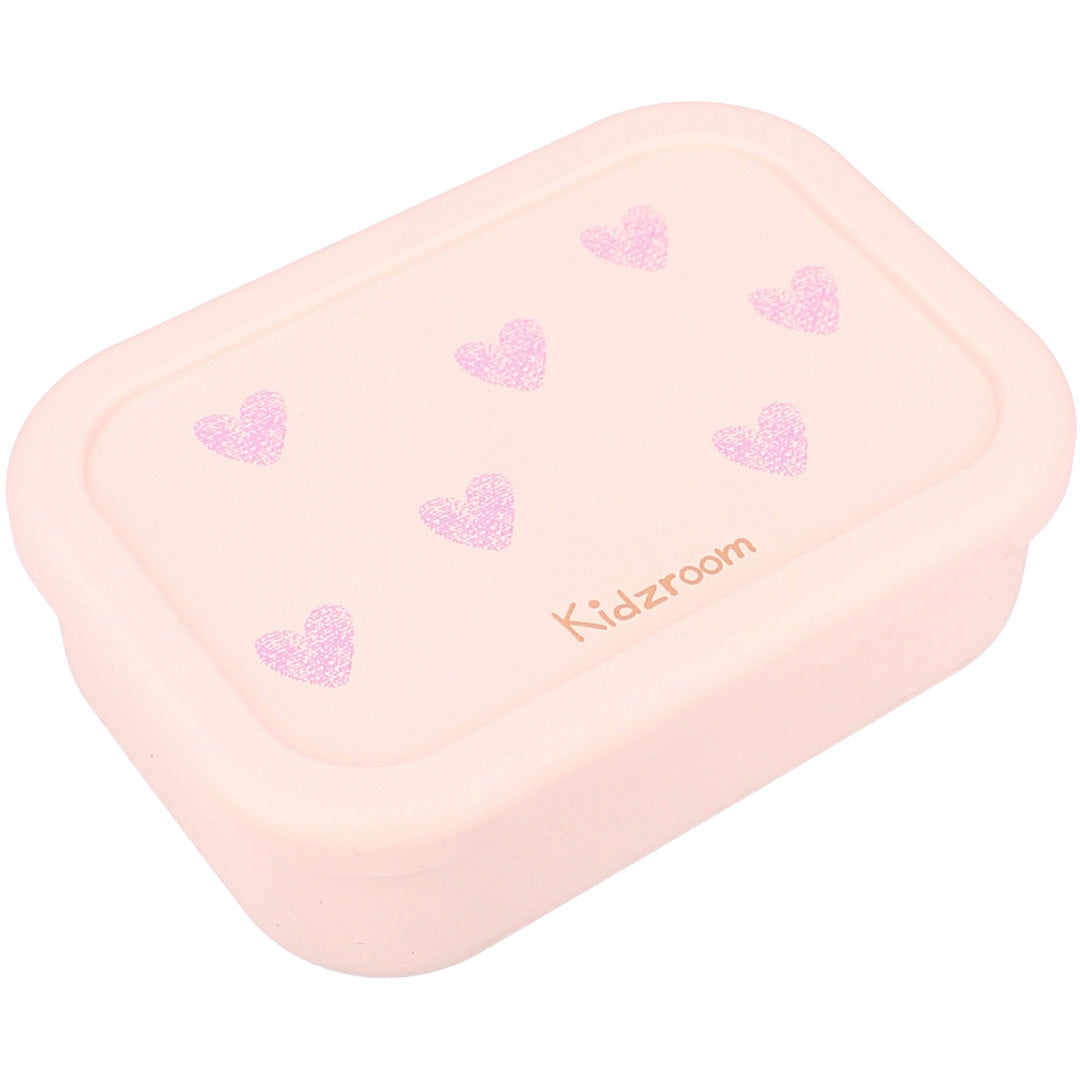 Kidzroom roze broodtrommel met paarse hartenpatroon op de deksel.