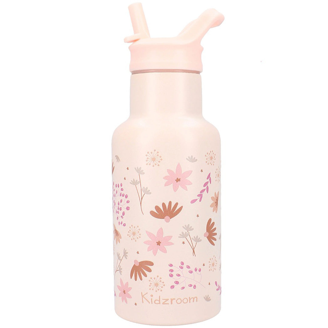 Kidzroom roze drinkfles met gebloemd patroon en een rietjesdop.