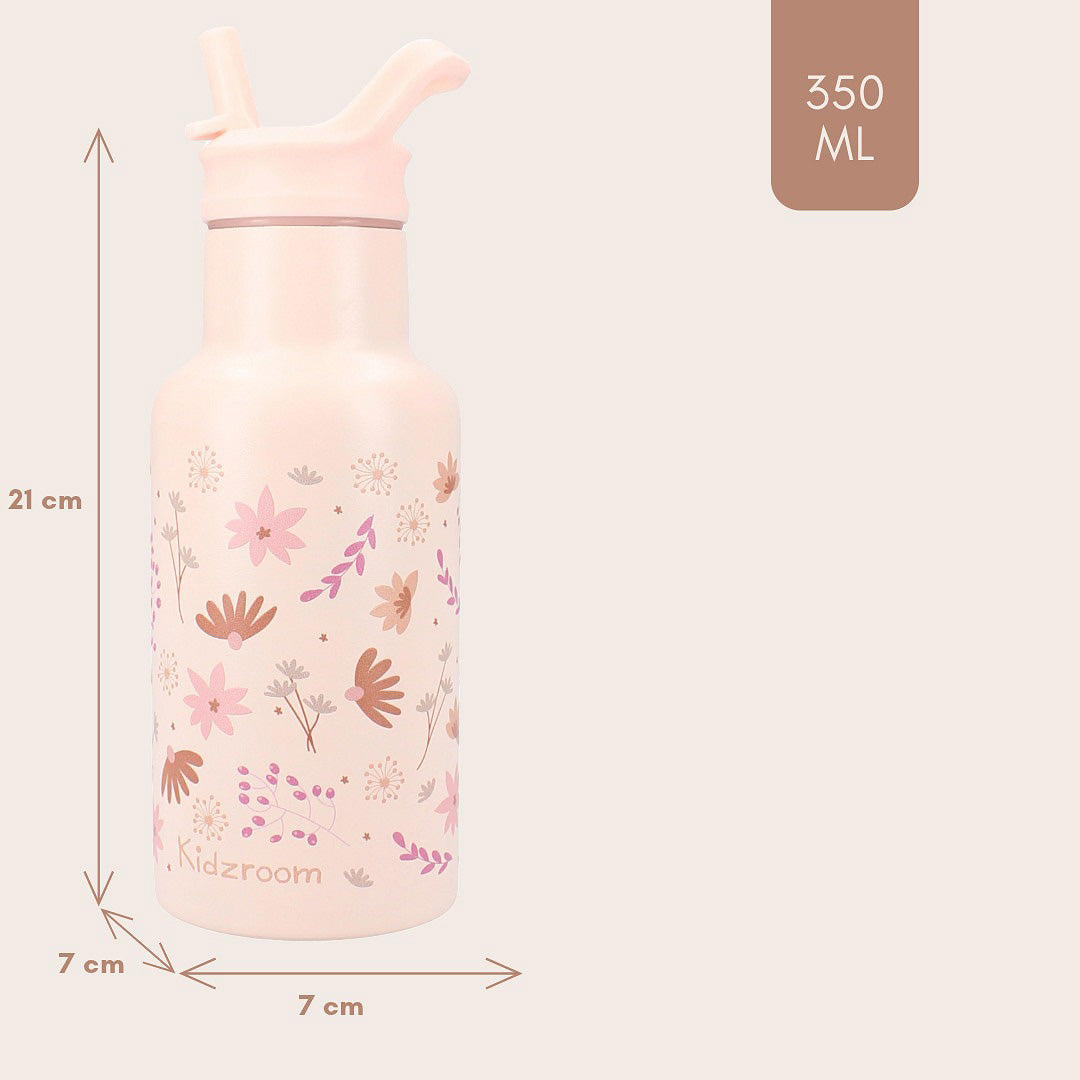 Kidzroom roze drinkfles met gebloemd patroon en infographic van de afmetingen en inhoud.
