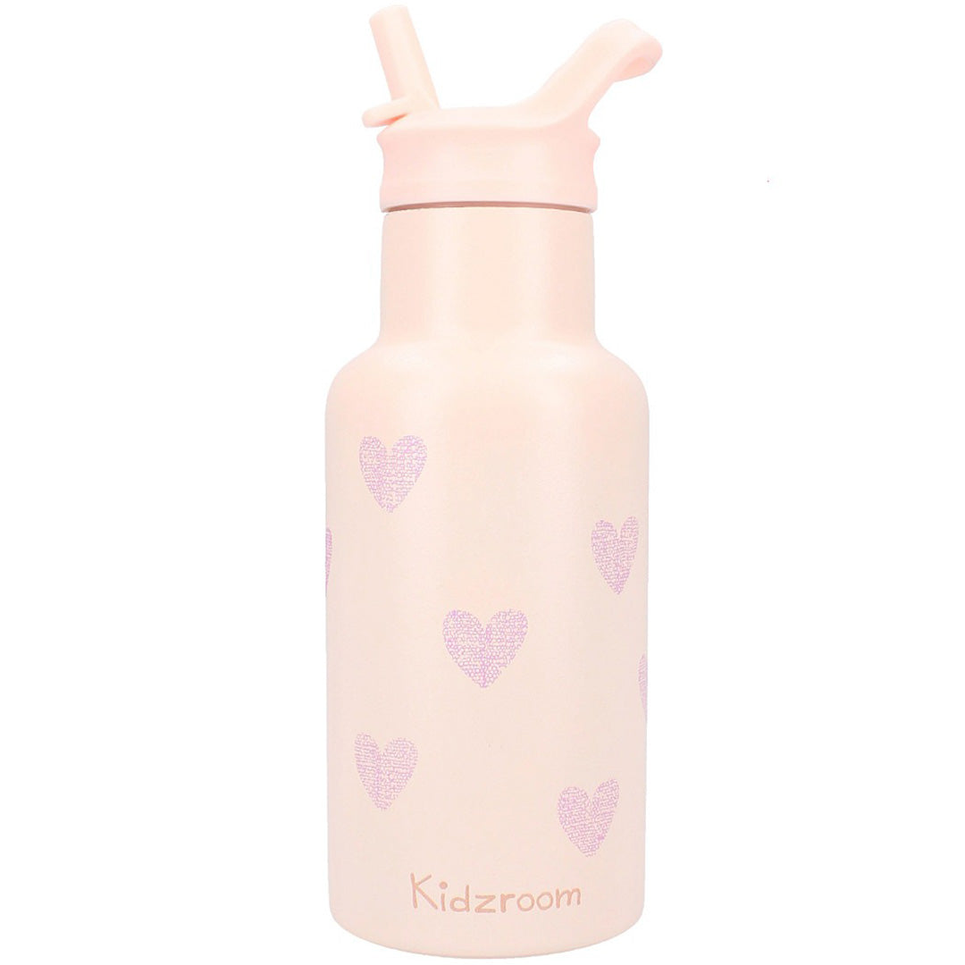Kidzroom roze RVS drinkfles voor kinderen met paarse glitterharten en een roze rietjesdop.