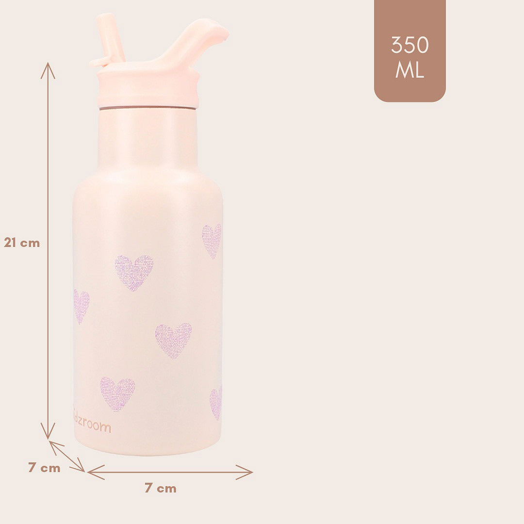 Infographic van de Kidzroom roze RVS drinkfles met afmetingen van 21 cm hoog en 7 cm breed, en een inhoud van 350 ml.