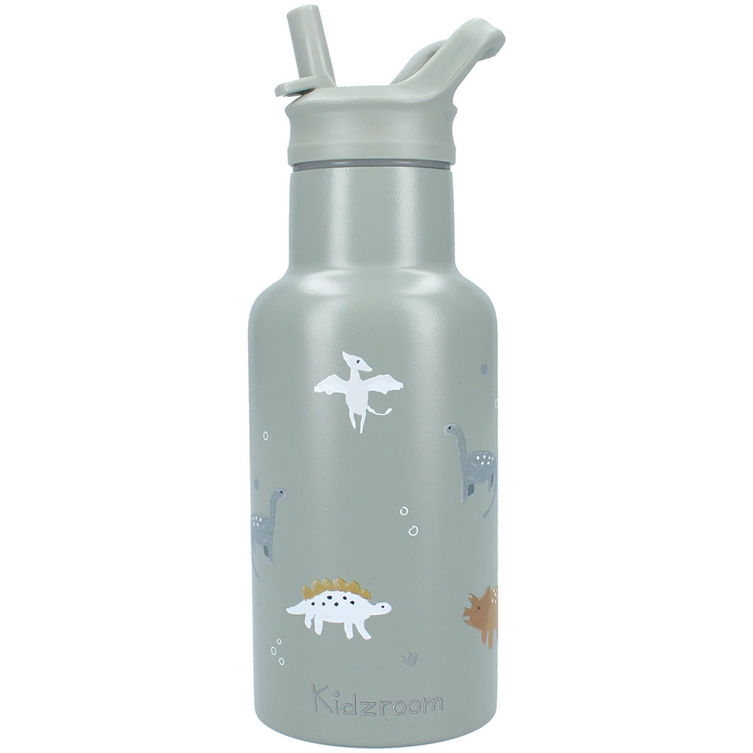 Kidzroom groene RVS drinkfles met dinosauruspatroon en rietjesdeksel.