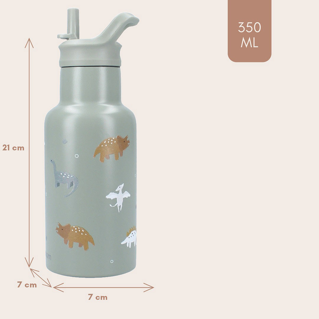 Infographic van de Kidzroom groene drinkfles met dinosauruspatroon, inclusief afmetingen en inhoud van 350 ml.
