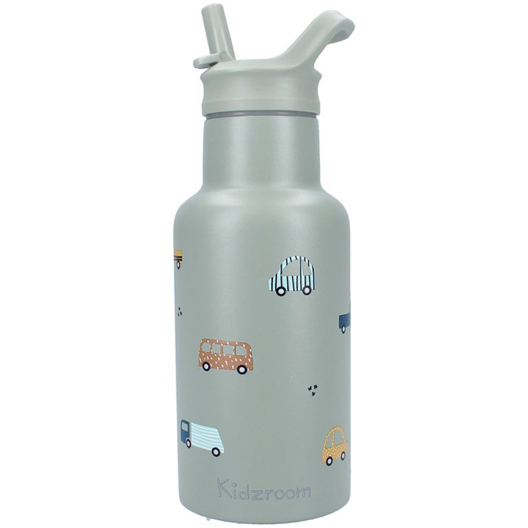 Kidzroom RVS drinkfles met voertuigpatroon en een grijs rietjesdeksel.