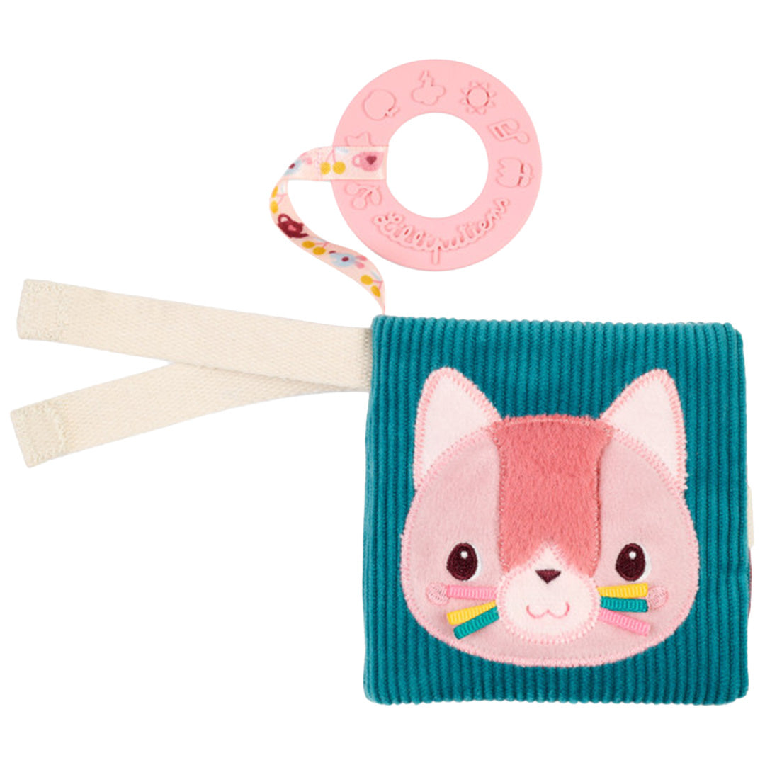 Lilliputiens activiteitenboek voor baby's met een roze kattengezicht op een blauwe hoes en een roze bijtring.