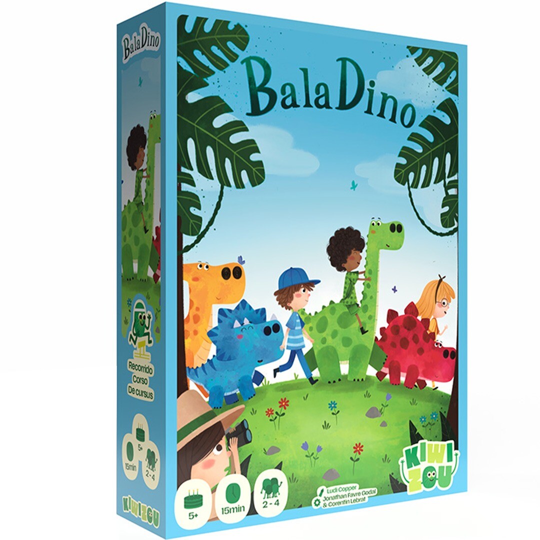 Kiwizou BalaDino bordspelverpakking met illustratie van kinderen op dinosaurussen in een groene omgeving.