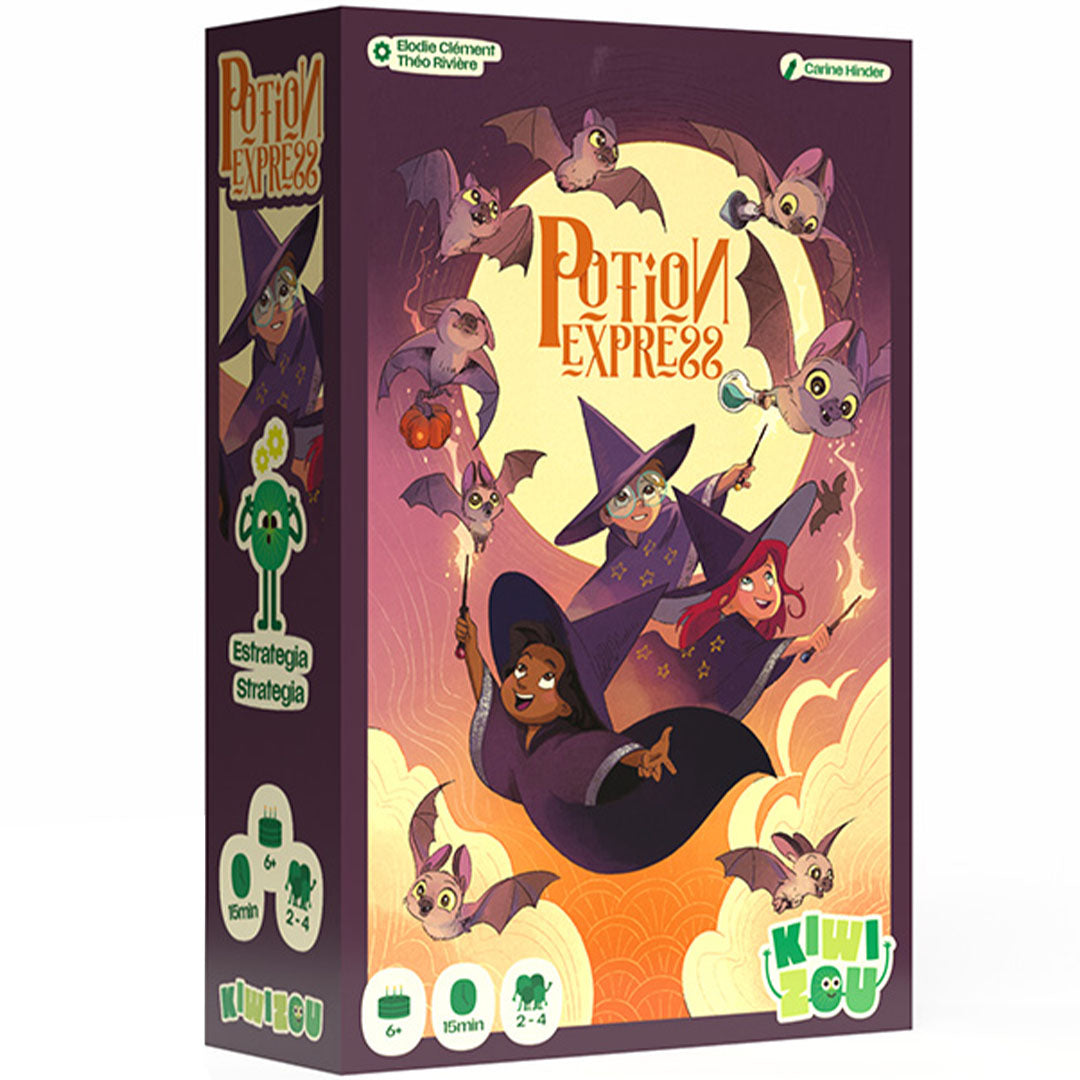 Kiwizou Potion Express kaartspel verpakking met heksen en vleermuizen.