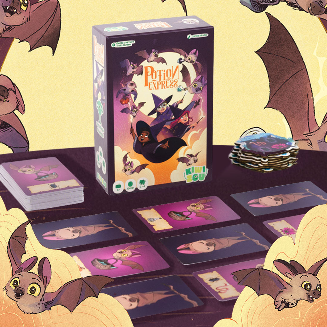 Kiwizou Potion Express kaartspel met de doos en speelkaarten op een tafel met vleermuizen.