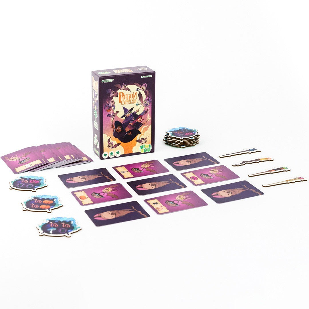 Kiwizou Potion Express kaartspel met alle speelonderdelen, inclusief kaarten en tokens, op een witte achtergrond.