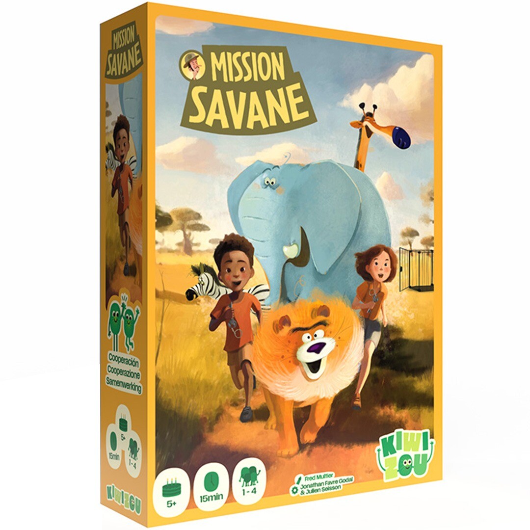 Kiwizou Mission Savane bordspelverpakking met illustraties van kinderen en savannedieren.